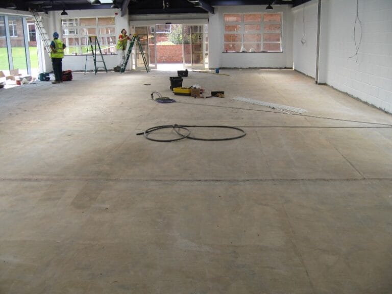 Cafeteria floor space prepared for protective coating application