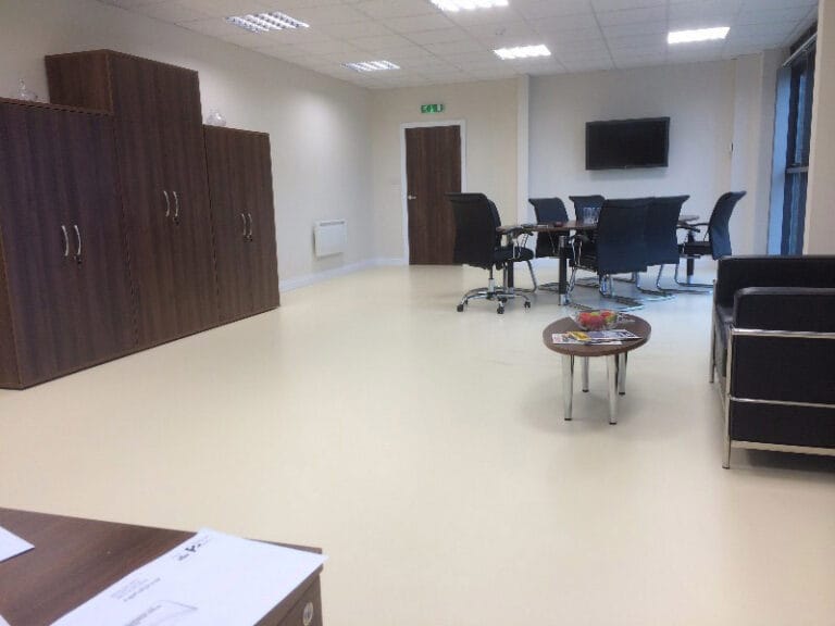 Completed boardroom flooring with Achtis APU 46 topcoat finished in cream colour