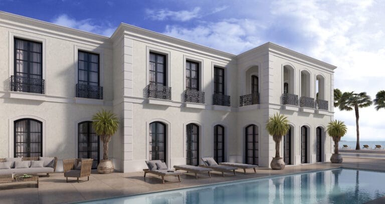 Contemporary restaurant and hotel with white facade and swimming pool finished with Rialto Antiqua