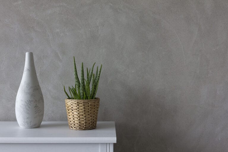 ErreLAB Pietra Continua Quarzite wall with white vase and potted plant