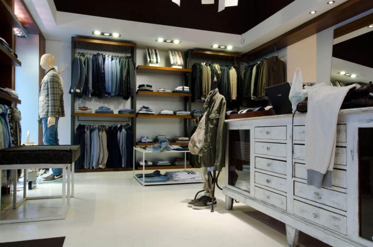 ErreLAB Spatolato light resin flooring in a clothing store with shelving systems and displays