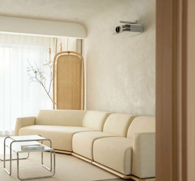 Living room with cream-toned Rialto Sinopia plaster finish